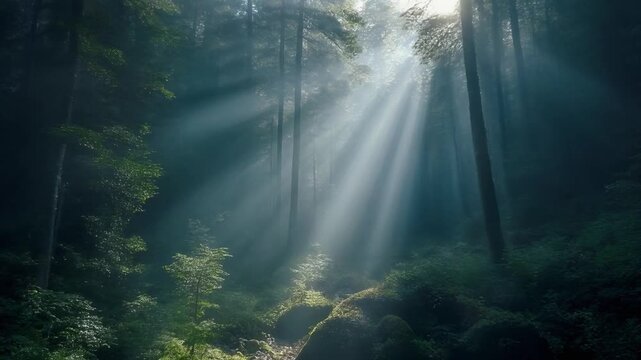 slow-motion shot of the Tyndall effect created by sunlight streaming through mist