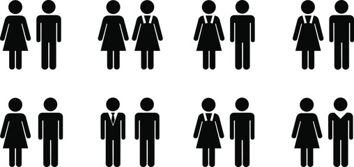 Gender pair icons, human silhouette symbols, diverse attire figures, social role representation, signage elements, black white people illustration, grid layout