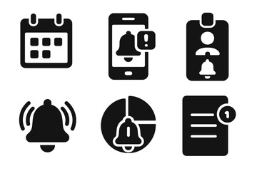 Event App Icons. Solid style icons of event announcement apps: schedule bell glyph, mobile alert icon, session badge. Pop-up ring,
