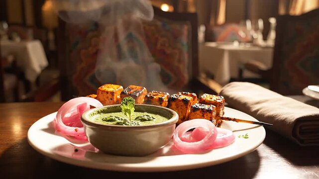 Delicious and smoky Paneer Tikka a popular North Indian appetizer with grilled paneer cubes served with mint chutney