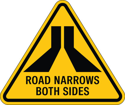 Road narrows both sides sign traffic warning yellow triangle safety ahead view