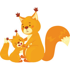 Adorable Cartoon Mother and Baby Squirrel With Orange Fur Embracing And Holding Paws With White Background