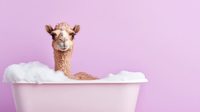 Cute camel enjoying a bathtub filled with white foam on pink background