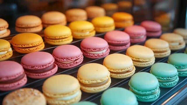 Rows of vibrant pastel macarons with smooth shells and creamy fillings in bakery showcase. Assorted colors and flavors. Elegant French dessert. Bright and sweet treat for any occasion.