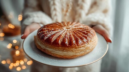 Woman Holding Golden Galette des Rois with Warm Morning Light for Traditional French Epiphany Celebration