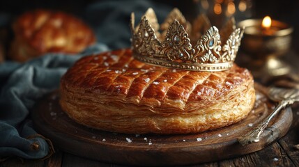 Freshly Baked Galette des Rois with Golden Crown Displayed in a Pastry Shop Window for Epiphany Celebration