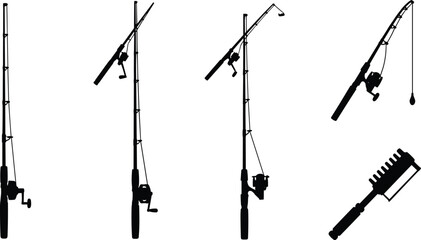 Fishing rods collection, spinning rod silhouettes with reels and hooks, angler equipment design, fishing gear vector, black and white illustration