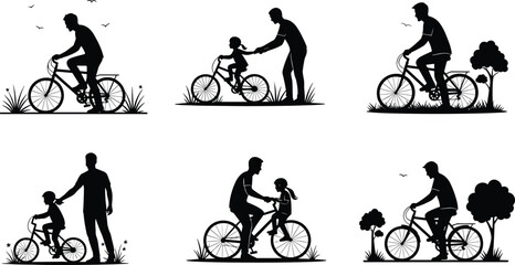 Father teaching child to ride bicycle silhouette, family outdoor activity, parenting love, bonding moment, cycling training, childhood learning, happiness, care