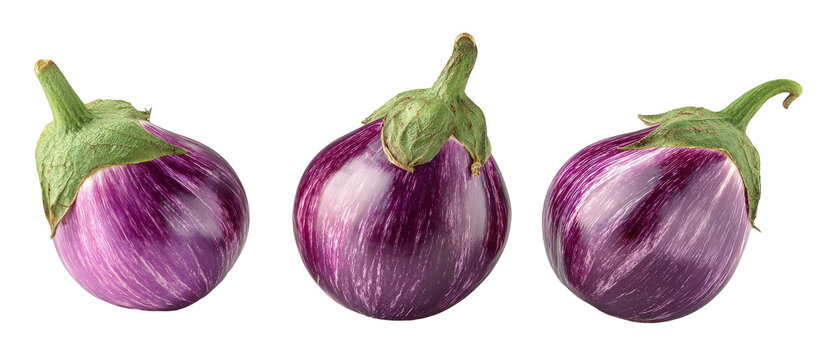 Three vibrant eggplants with rich purple and white stripes positioned closely together, showcasing their glossy texture against a clean background, ideal for culinary presentations