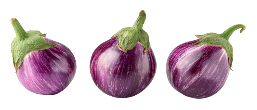 Three vibrant eggplants with rich purple and white stripes positioned closely together, showcasing their glossy texture against a clean background, ideal for culinary presentations