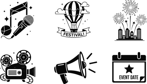 Festival icons set, microphone, hot air balloon, fireworks, film projector, megaphone, calendar, event date, celebration, entertainment, announcement
