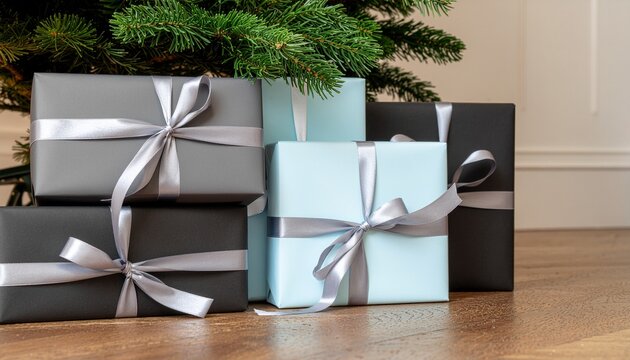 Elegant Christmas gifts wrapped beautifully under a vibrant green tree, promising holiday cheer and excitement for celebrations with loved ones