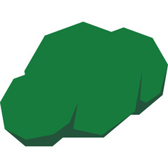 A simple green abstract polygonal shape with a dark green shadow on a transparent background representing a stylized natural element