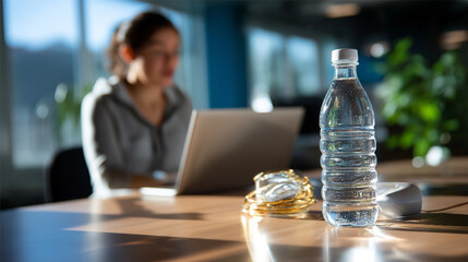 Defocused woman at desk with sharp focused water bottle and sun glare creating wellness atmosphere, with copy space