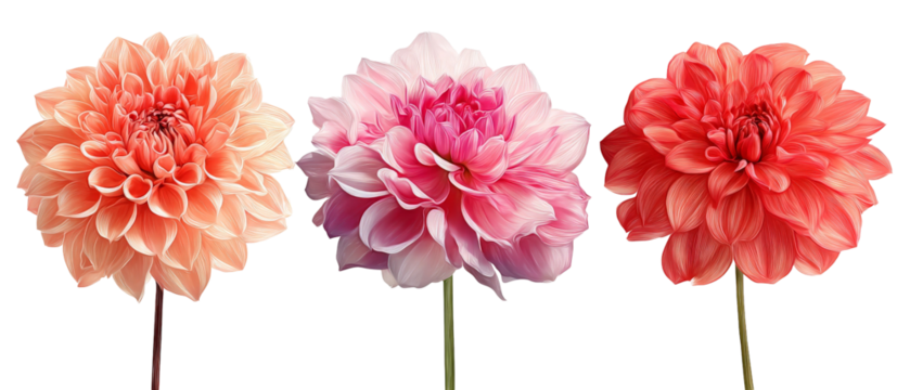 A vibrant display of three dahlia flowers in varying shades of peach, pink, and coral, showcasing their intricate petal structures against a clean background, ideal for floral design inspiration