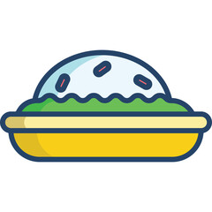 A simple cartoon illustration of a bowl of rice with green garnish and red sprinkles on a yellow plate with a blue rim and a transparent background