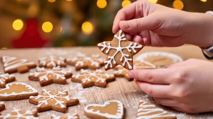 Close-up of a hand picking a snowflake gingerbread cookie among other decorated Christmas cookies on a wooden surface. Warm festive lights in background. Holiday treat.