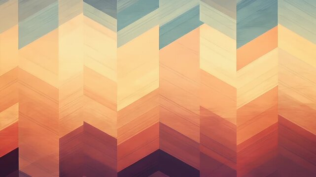 Digital art wallpaper background. A closeup of a geometrically patterned wall, featuring a series of overlapping rectangles in varying shades of orange, blue, and purple.