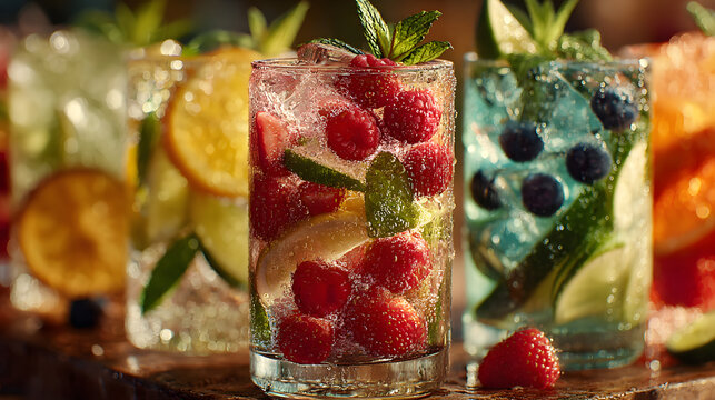 dry january mocktail bar, a lively water bar, featuring vibrant fruit-infused drinks topped with citrus slices and berries, perfect for dry january