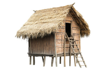 Traditional thatched hut on stilts isolated on transparent background. Wooden hut with a straw roof and ladder isolated on white background.