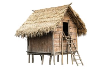 Traditional thatched hut on stilts isolated on transparent background. Wooden hut with a straw roof and ladder isolated on white background.