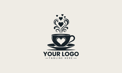 Black coffee cup silhouette with heart steam elegant minimal logo illustration design