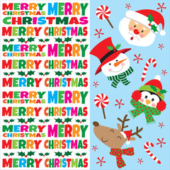 Fototapeta premium christmas card, gift bag or box design with santa, snowman, penguin and reindeer