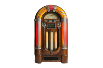 Vintage wooden jukebox isolated on transparent background. Wooden jukebox with buttons and knobs isolated on white background.