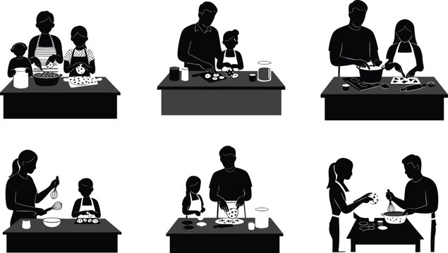 Family cooking together in kitchen, parents and children baking cookies, teamwork, home lifestyle, learning, bonding, fun culinary activity, cooking illustration