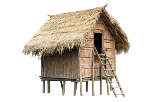 Traditional thatched hut on stilts isolated on transparent background. Wooden hut with a straw roof and ladder isolated on white background.