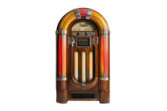 Vintage wooden jukebox isolated on transparent background. Wooden jukebox with buttons and knobs isolated on white background.