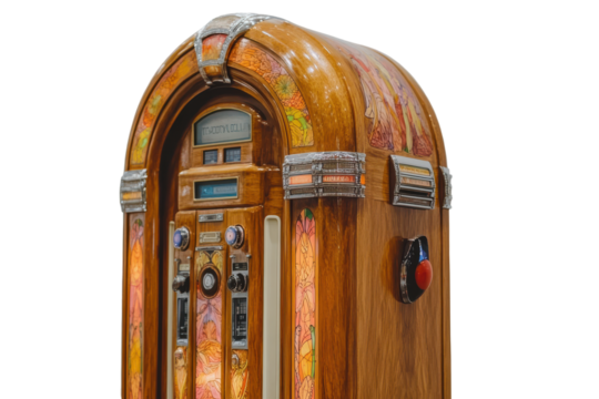 Vintage wooden jukebox isolated on transparent background. Wooden jukebox with buttons and knobs isolated on white background.