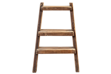 Rustic wooden step stool isolated on transparent background. Wooden ladder with steps isolated on white background.
