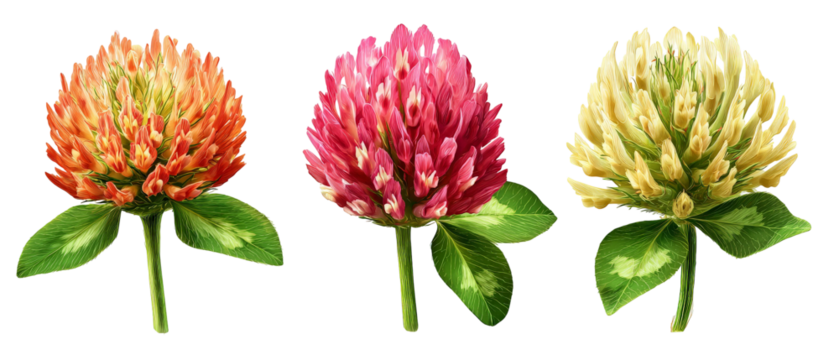 A vibrant collection of three clover flower heads in varying shades of orange, pink, and white, set against a transparent background, ideal for botanical illustrations or floral designs