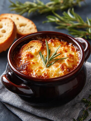 Delicious French Onion Soup with Toasted Bread and Fresh Herbs
