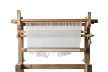 Antique wooden loom with white fabric threads isolated on transparent background. Wooden loom with white cloth isolated on white background.