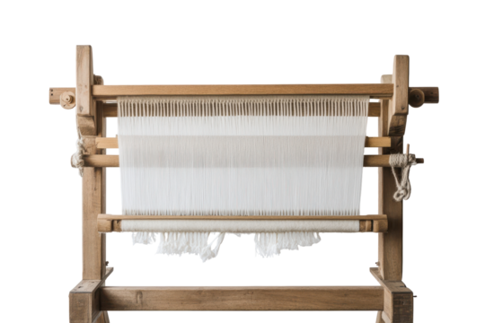 Antique wooden loom with white fabric threads isolated on transparent background. Wooden loom with white cloth isolated on white background.