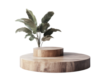 Wooden podium with green plant isolated on transparent background. Wooden podium with a podium isolated on white background.