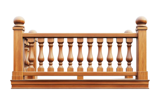 Ornate wooden railing section isolated on transparent background. Wooden railing with pillars isolated on white background.