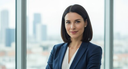 Portrait of a confident female corporate executive standing in front of a large office window, concept for professional leadership, career development and human resources