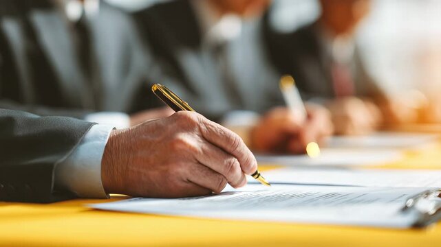 Close-up of business professionals signing important documents on a yellow table in a modern office setting