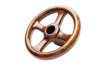 Vintage wooden steering wheel isolated on transparent background. Wooden steering wheel with a hole in the center isolated on white background.