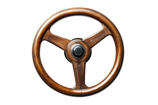 Vintage wooden steering wheel isolated on transparent background. Wooden steering wheel with a hole in the center isolated on white background.