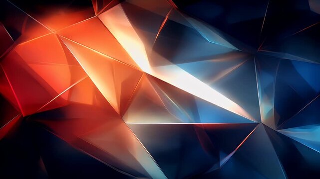 Digital art wallpaper background. A closeup of a vibrant, abstract digital artwork featuring a symmetrical pattern of overlapping triangles in shades of red, orange, and blue.