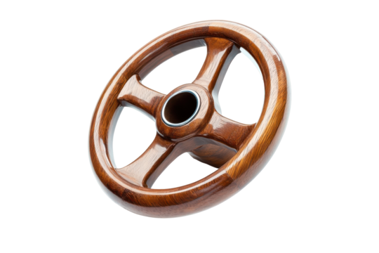 Vintage wooden steering wheel isolated on transparent background. Wooden steering wheel with a hole in the center isolated on white background.