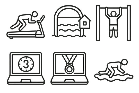 OCR Virtual Event Icons. Line style icons of OCR virtual events: treadmill crawl symbol, backyard obstacle loop, indoor pull-up