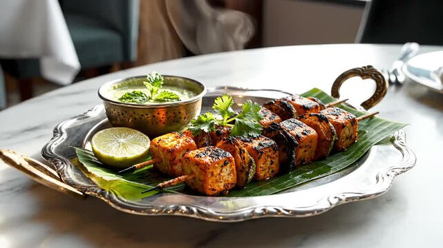 Delicious Paneer Tikka a popular North Indian appetizer of grilled cheese skewers marinated with yogurt and spices served with mint chutney