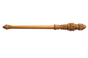 Ornate golden scepter with intricate carvings isolated on transparent background. Wooden wand with a carved top isolated on white background.