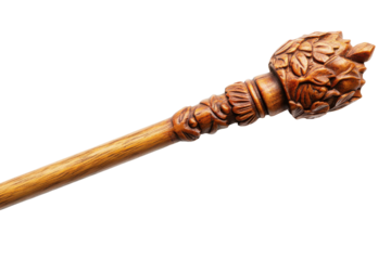 Ornate golden scepter with intricate carvings isolated on transparent background. Wooden wand with a carved top isolated on white background.
