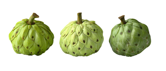 Three ripe cherimoyas displayed against a white background, showcasing their unique green, scaly texture and round shape, ideal for use in food-related articles or recipes